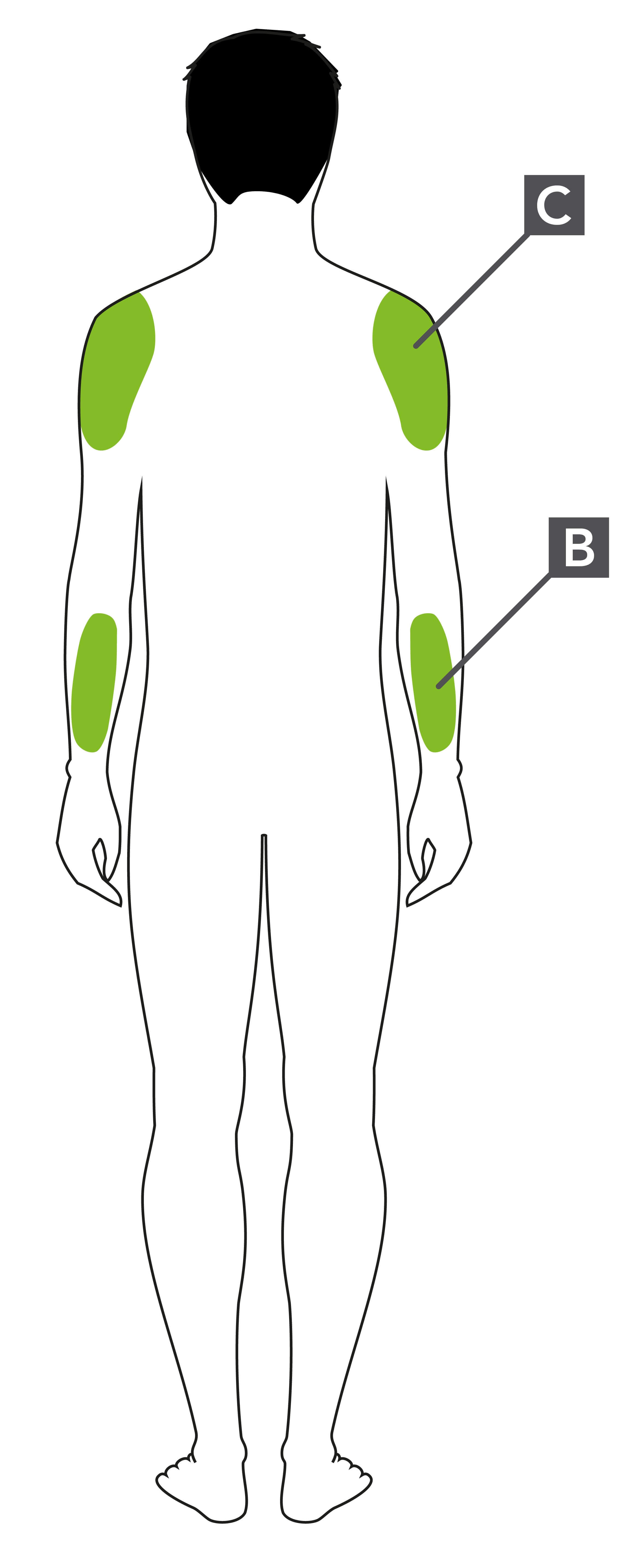 Silhouette humaine représentant les zones d'injection B et C.